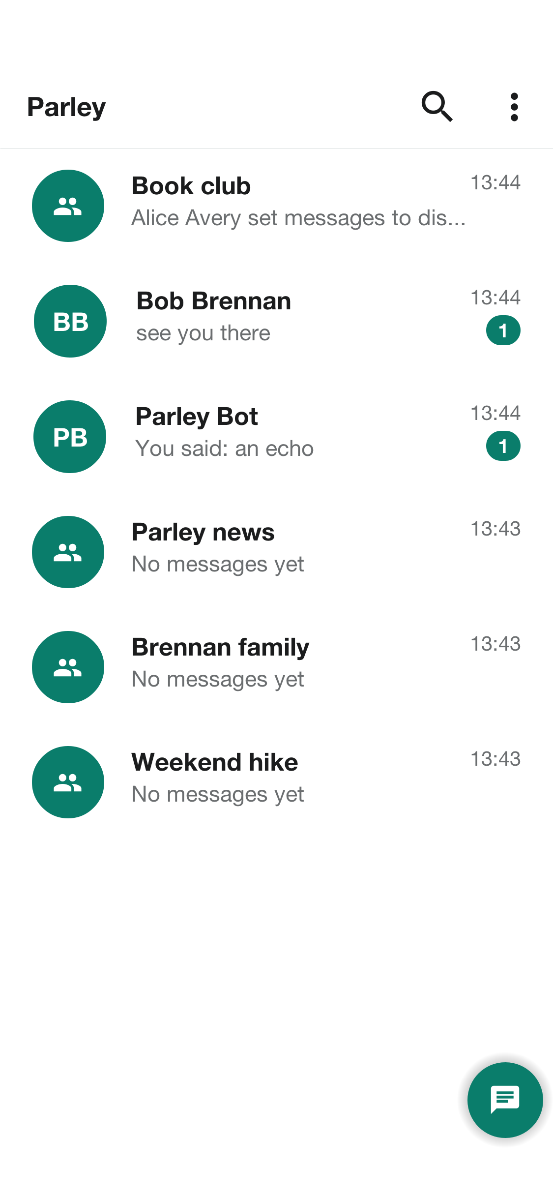 The chat list with each conversation’s avatar, last message, time and unread count, and the button for a new chat