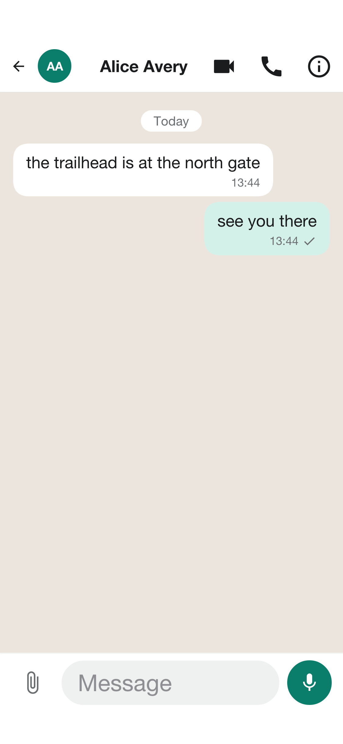 A conversation with an incoming and an outgoing message bubble, the call buttons in the title bar and the composer at the bottom