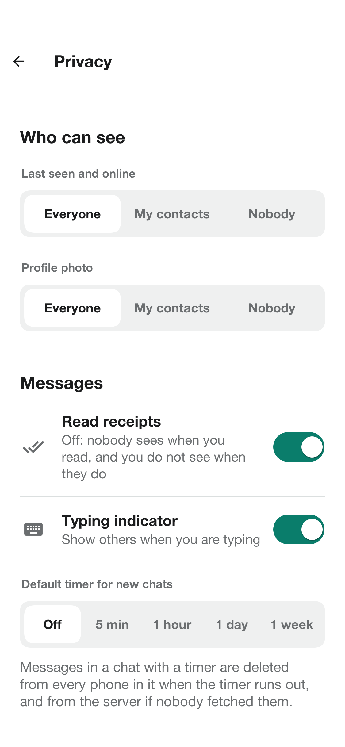 The privacy settings: who can see the last seen time and profile photo, read receipts, typing indicator and the default message timer