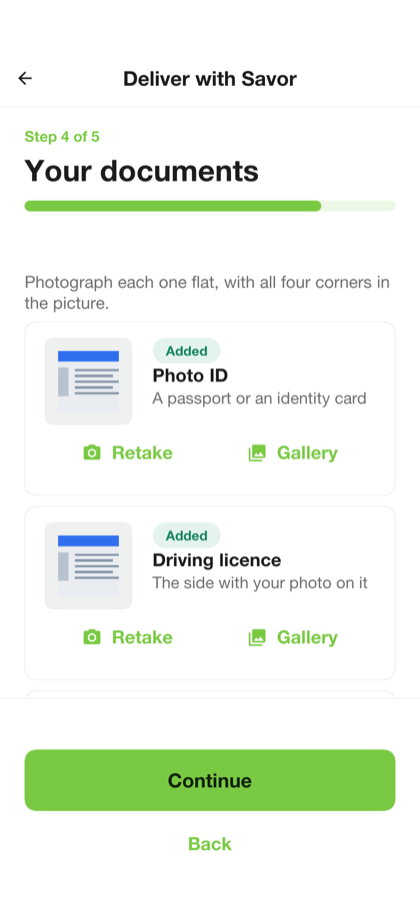A step of the application to deliver, with a card for each document and buttons to retake a photo or pick one from the gallery