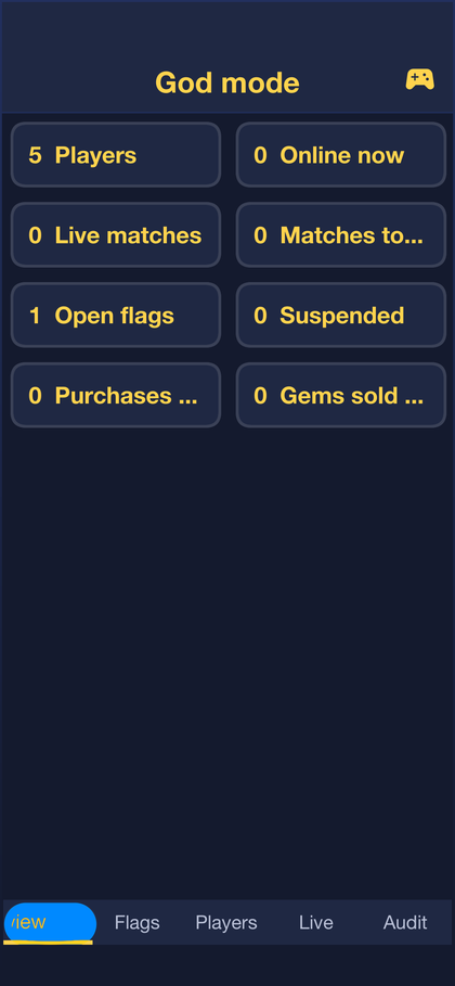 The admin console’s overview: players online, matches today, purchases and gems sold