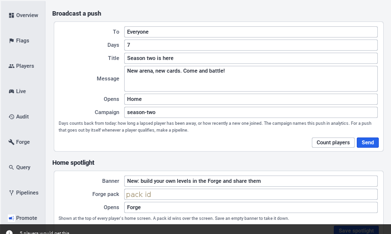 The push form filled in: everyone, a title and message about season two, the Home screen to open, and the campaign season-two