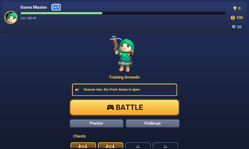 The home screen in a desktop window, with the new banner announcing the Frost Arena under the hero