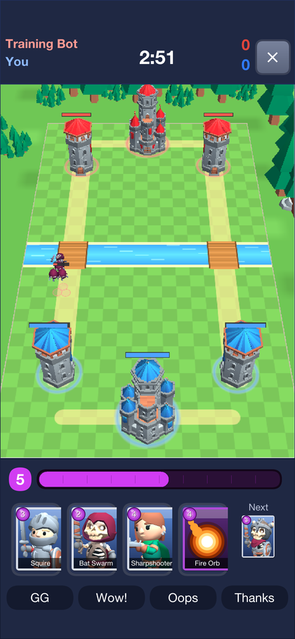 An online battle against the bot, with the emote buttons GG, Wow!, Oops and Thanks under the hand