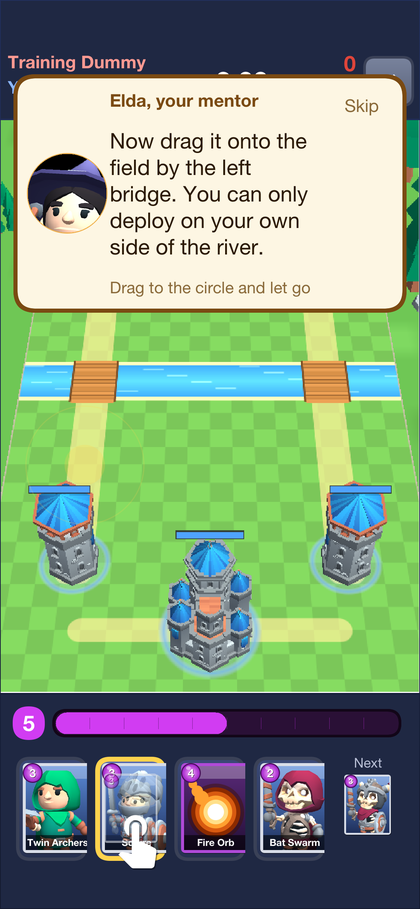 The finger dragging from the hand to a glowing circle by the left bridge