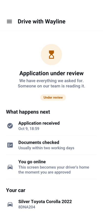 The screen an applicant sees while an application is under review, with the steps that follow