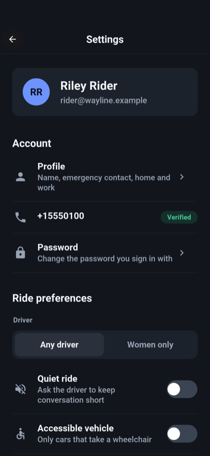 The settings screen in the dark theme